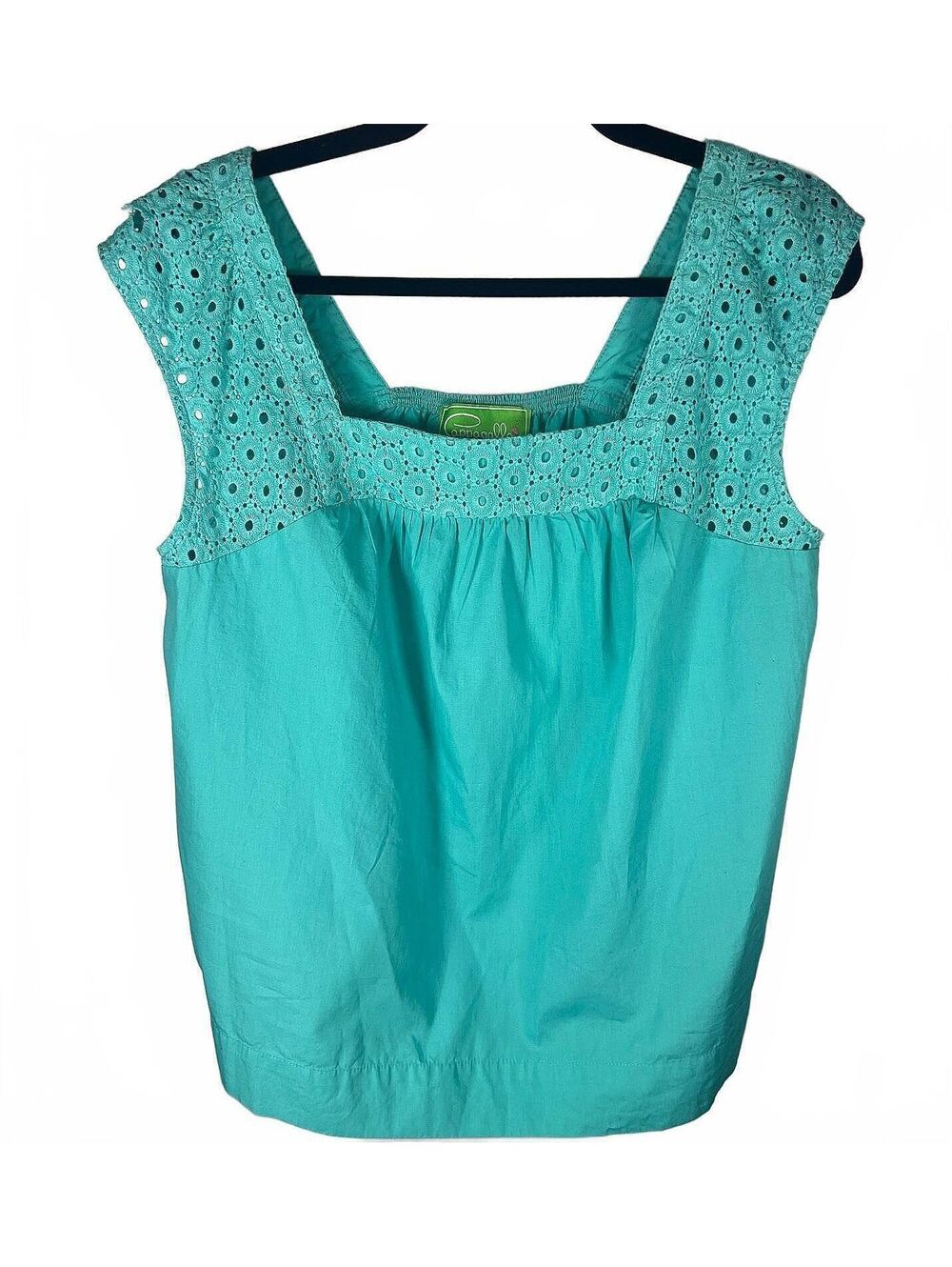 Cappagallo Vintage Mint Teal Eyelet Lace Square Neck Sleeveless Tank Top Size M